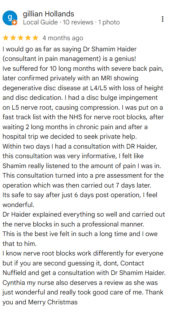 Google Maps review screenshot from Gillian Hollands for Dr Shamim Haider